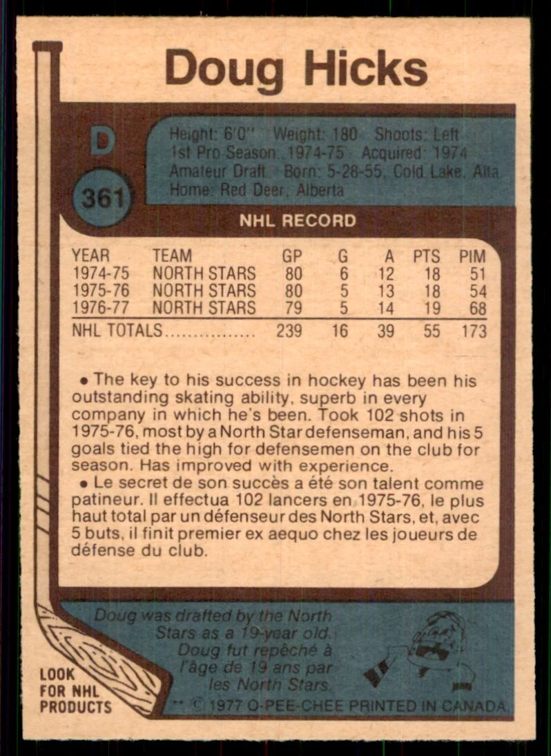 1977-78 O-Pee-Chee Doug Hicks Rookie Minnesota North Stars #361 | eBay