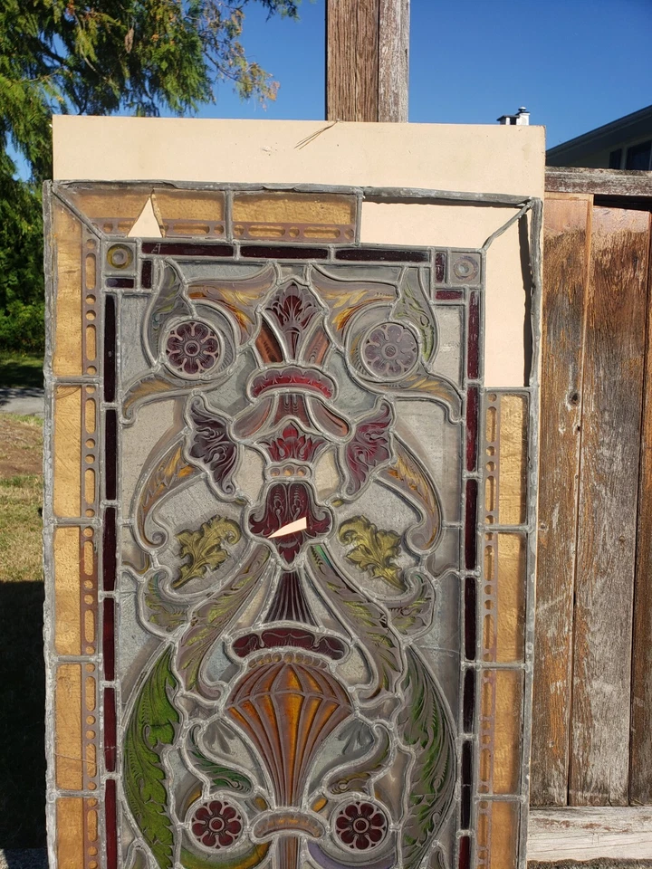 Антикварная оконная панель из витражного стекла размер около 0,60 в высоту X 24 в ширину каждая - Изображение 4 из 4