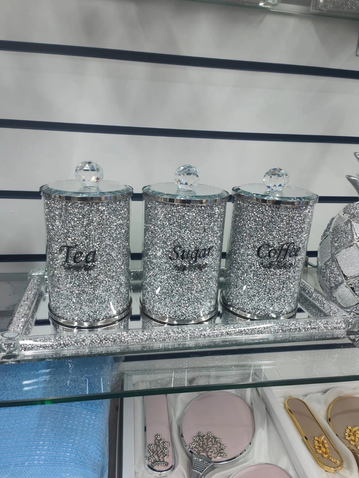 DIAMOND CRUSHED SILVER CRYSTAL FILLED TEA COFFEE SUGAR CANISTERS JARS STORAGE UK