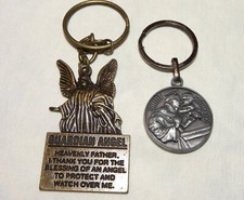 VINTAGE GUARDIAN ANGEL SAINT ANTHONY KEYCHAIN LOT RELIGIOUS MEDALS PROTECTION