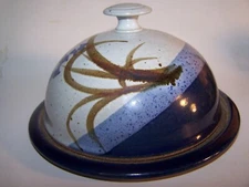 Studio Art Pottery Rustic Ceramic Cheese Butter Dish Dome Lid Cover Blue Tan
