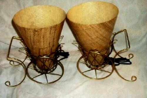 CARRITO DE FLORES FRANCÉS AÑOS 50 LÁMPARAS DE TV FIBRA CONO PANTALLA RETRO ATÓMICO METAL ALAMBRE PAR Foto 2 de 4