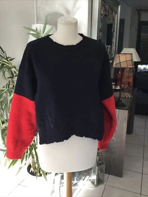 Pull ZADIG & VOLTAIRE taille M/L laine mérinos marine/rouge  bon état - Photo 1/4