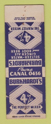 Matchbook Cover Burkhardt's Mixer Seltzer Ginger Ale CREASE SAMPLE STAPLED WEAR
