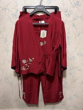 Silk Red Floral Embroidered Kimono Vibes 3 Piece Set Lounge Pajama PJ Night Set