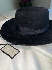 GUCCI Black Rabbit Felt Fedora Hat Leather Ba...