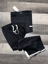 WOMENS 2 PIECE LOUNGE SET KNIT PAJAMA SET PULLOVER SHIRT WIDE LEG PANTS BLK XL