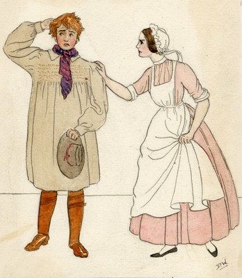 Kate Greenaway-Stil Farm Boy & Maid Aquarell Gemälde Ende 19. Jahrhundert D.W.