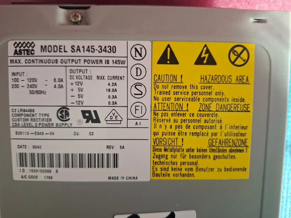 ASTEC SA145-3430 AT 145W Industrial PC Power Supply with Power Switch - Image 2 of 2