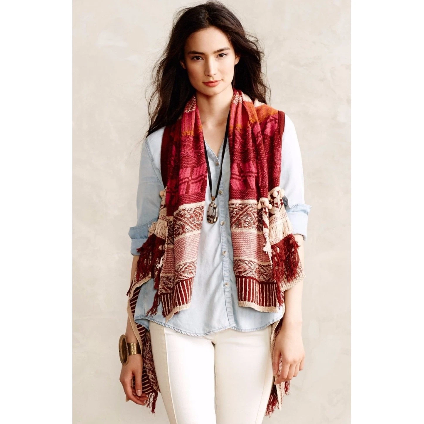 MOTH Anthropologie Durango Patchwork Knit Vest Cardigan Boho Fringe Pom Pom XS S