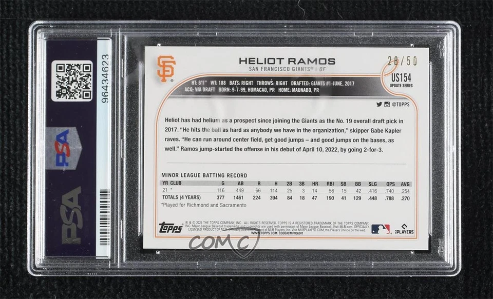 PSA/DNA 2022 Topps Update Mother's Day Hot Pink /50 Heliot Ramos Rookie RC - Image 2 of 2