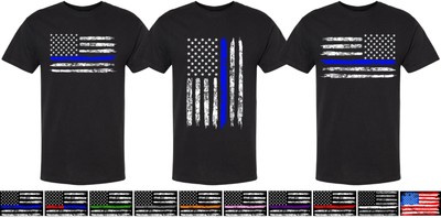 USA Flag Distressed American US Thin Line Black Crewneck Patriotic T-Shirt