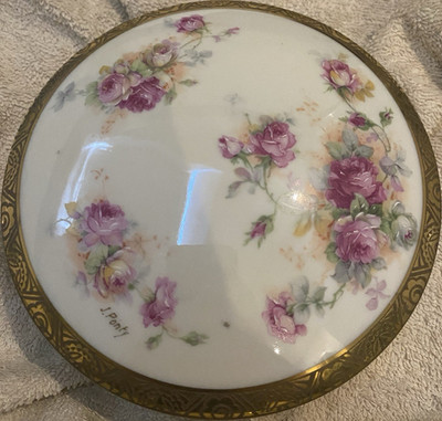 Limoges Porzellan Teller rund, Rosen Blumen-Dekor, Goldrand, Limoges