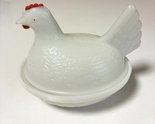 Indiana Hen on Nest White Opaque Milk Glass Covered Dish 4 1/2" Vintage 30s