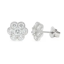 925 Sterling Silver Moissanite Cluster Flower Stud Earrings Rhodium Plated