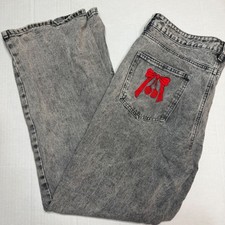Ashley Mason Cherry Bow Embroidered Wide Leg Jeans Sz 11/30 Gray Acid Wash Denim