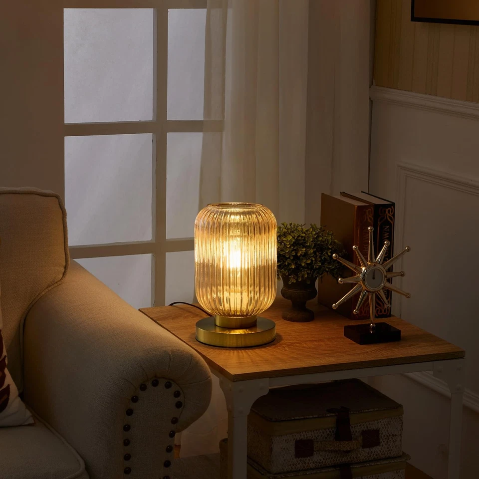 Lámparas de mesa de vidrio globo moderno de mediados de siglo, lámpara de mesa de vidrio ámbar regulable para... Foto 2 de 4