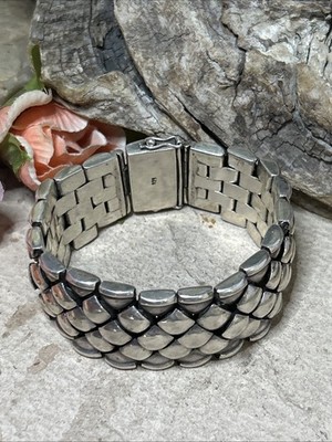 51. Vintage 925 Sterling Dragon Scale Link 1'' wide Bracelet 7'', 107g Unisex