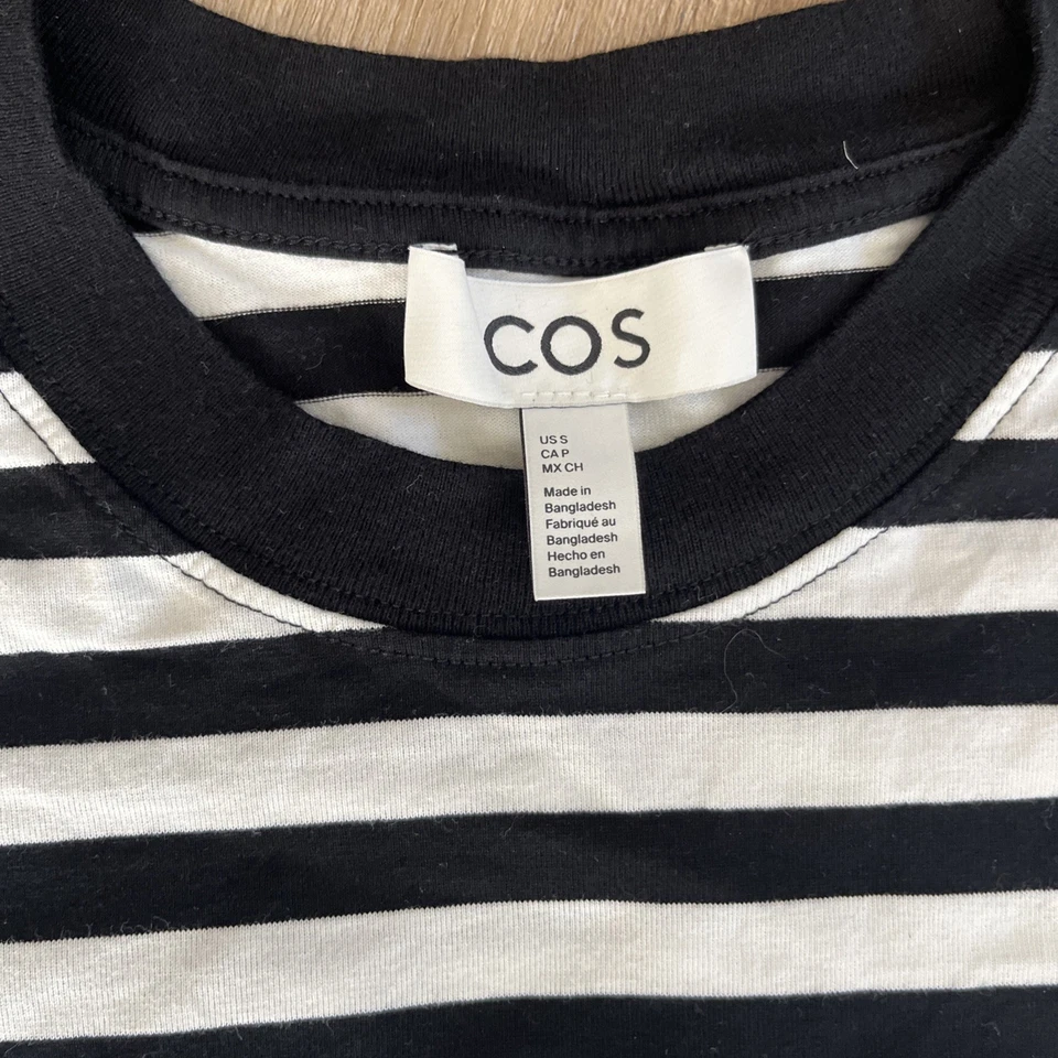 Camisa COS Mujer Pequeña Negra Blanca Rayas Manga 3/4 Pullover Foto 2 de 4