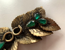 Vintage 1920s Art Deco Emerald Green RHINESTONE BELT BUCKLE Clip Set Brass Tone