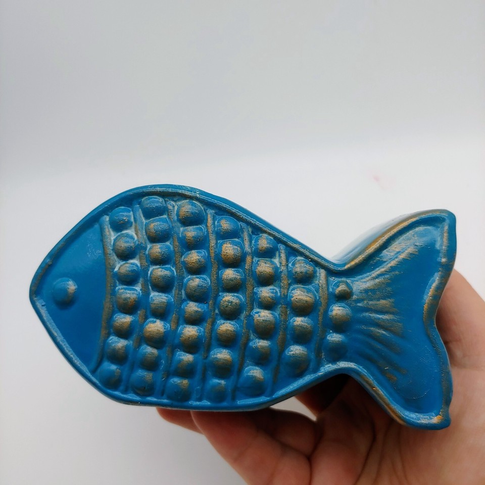 Ceramic Fish Shaped Planter Vases 5" Small Bright Blue Yellow Country