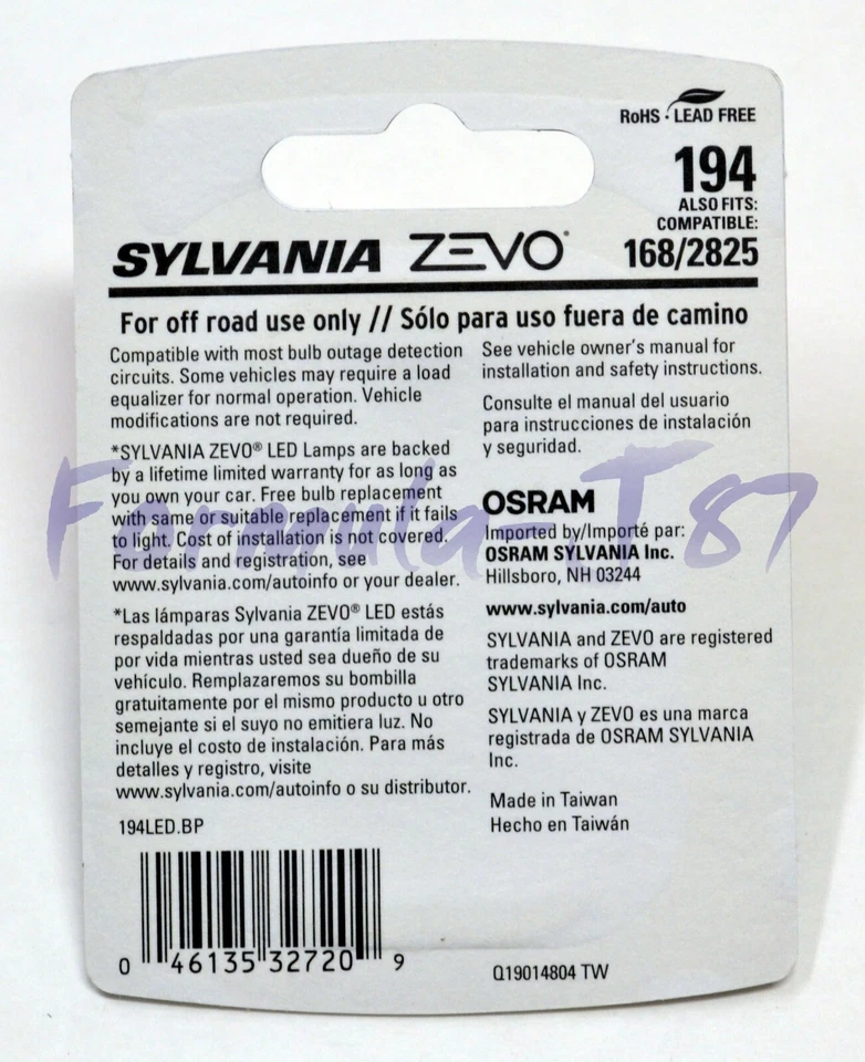 Sylvania ZEVO LED Light 194 White 6000K Two Bulbs Rear Side Marker Upgrade Lamp - Изображение 3 из 4