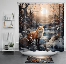 Winter Snow Jungle Wild Animal Fox Shower Curtain Bathroom Accessories Set