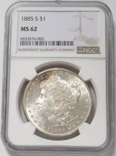 1885 S MORGAN SILVER DOLLAR $1 NGC MINT STATE 62