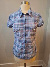 L.O.G.G. Blue Plaid  Womens Button Front Blouse Top Shirt  Size 8