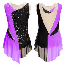 Girls Rhinestone Figure Skating Dress Ballet Skirted Leotard Lyrical Dance Dress
