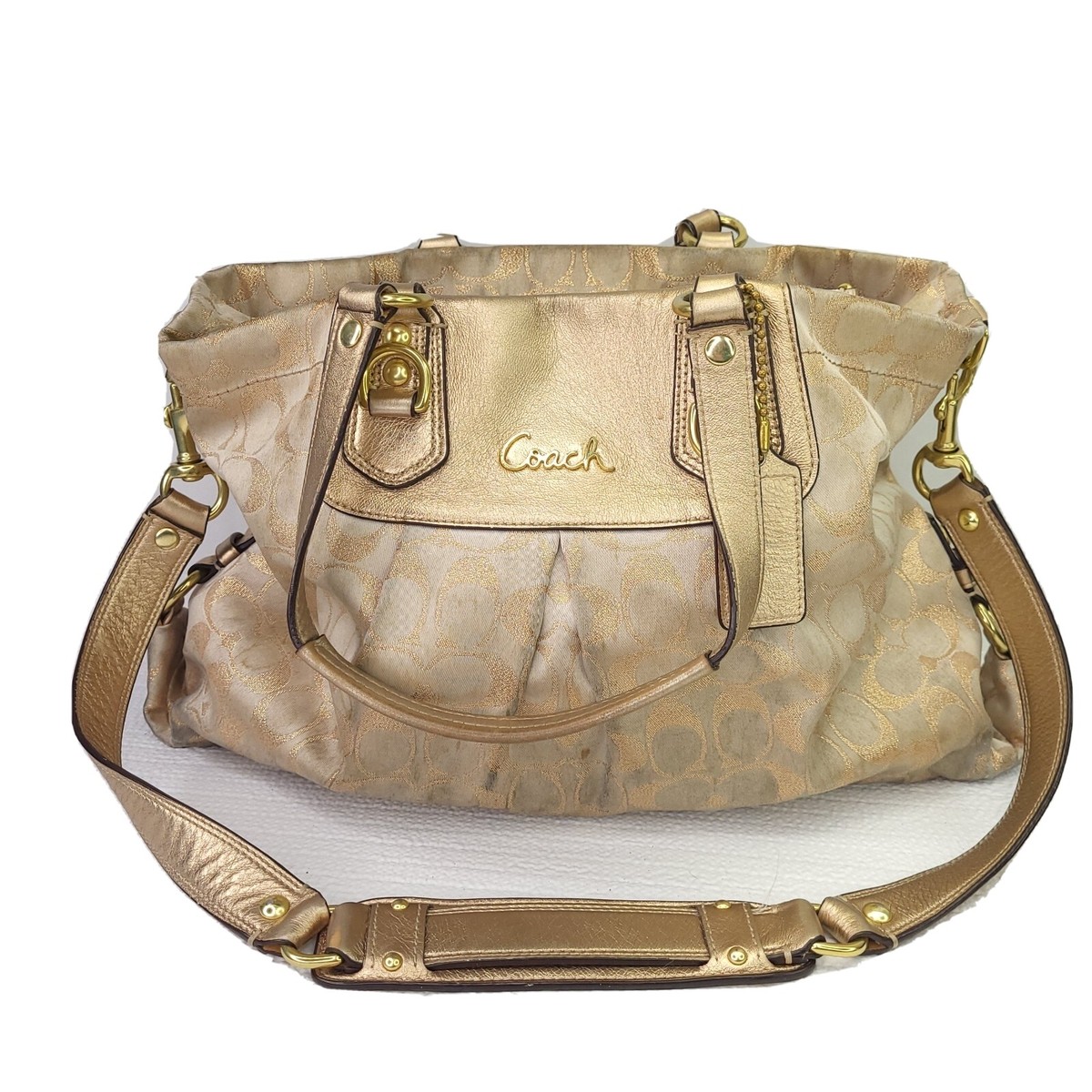 バッグ Coach Signature satin bag champagne gold COACH F15807 Ashley Gold Signature C Lured Satchel Bag Purple