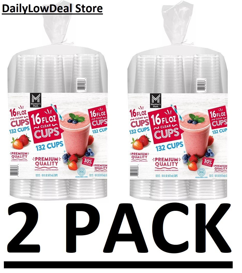 2 PACK -Member's Mark Clear Plastic Cups 16 oz, 132 ct. (Total 264 Cups)