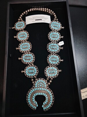 Vtg Navajo Sterling Silver LARRY MOSES BEGAY Turquoise Squash Blossom Necklace