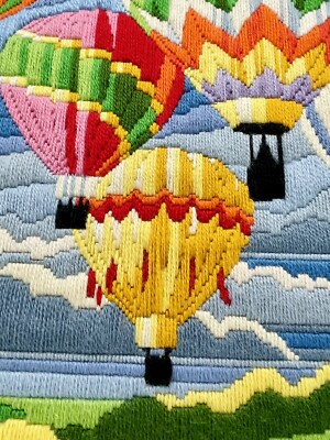 VTG Hot Air Balloon Needlepoint Crewel Framed Wall Art Vivid