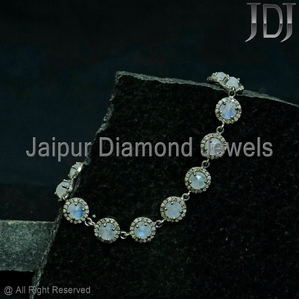 Natural Pave Diamond Rainbow Moonstone Gemstone 925 Silver Bracelet Gift Jewelry - Image 2 of 4