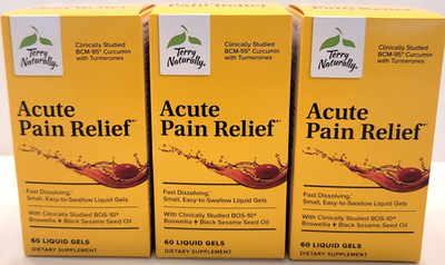 Terry Naturally Acute Pain Relief Lot of 3 Bottles = 180 Liquid Gels Exp.07/2026