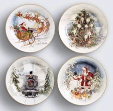Pottery Barn S/4 Nostalgic Salad Plates Mixed 8.75" NIB Train Christmas Holiday