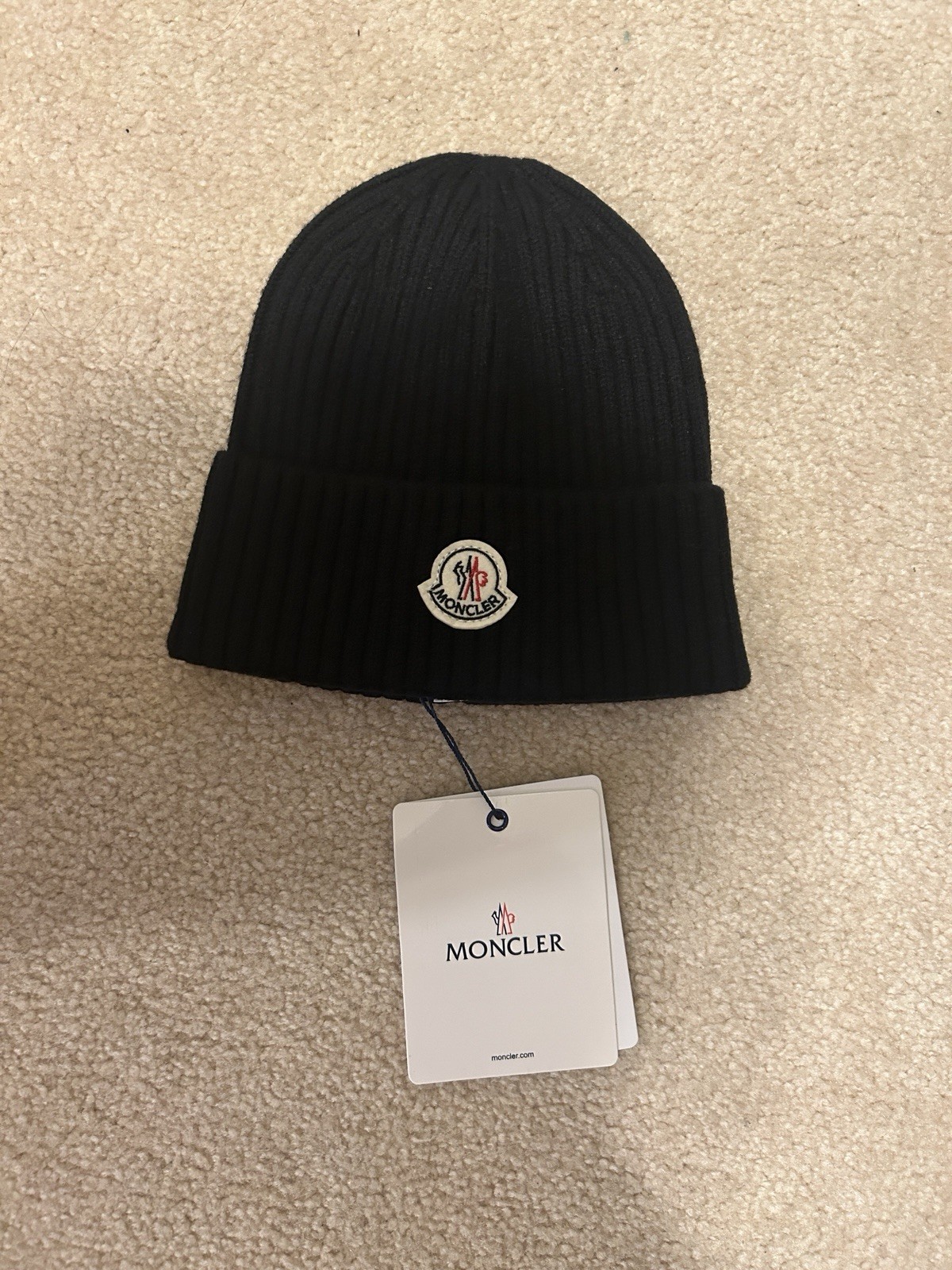 Moncler Black Wool Knit Beanie Unisex Adults Winter Hat Logo Designer Ski