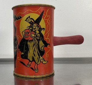 Vintage Kirchhof Halloween Tin Litho Noise Maker Witch Cat Jack O Lantern