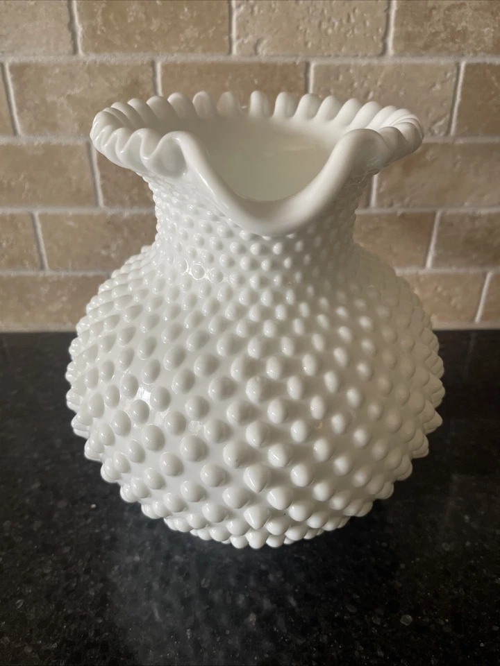 Vintage Fenton Hobnail Milk Glass Large Handled Pitcher Crimped Rim 8” - Image 2 of 4