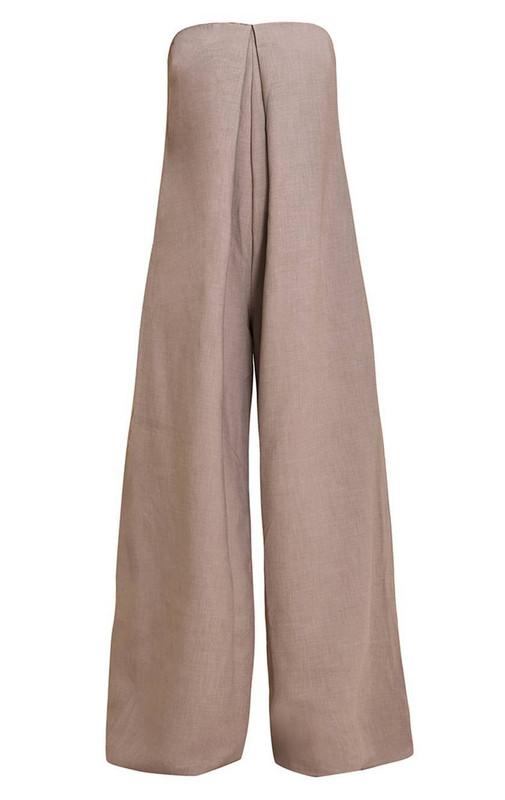 Women's Strapless Linen Wide-Leg Jumpsuit Pleated Zip Beige size 8