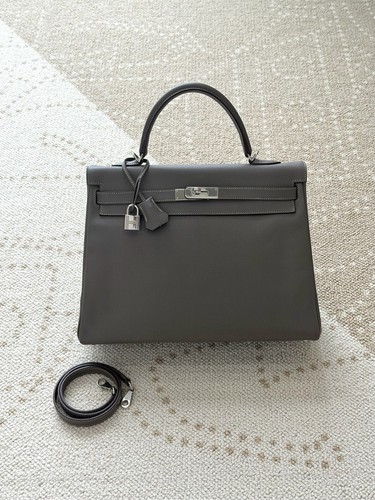 AUTH Hermes Kelly 35 Etoupe Grey Epsom Leather Silver HW White Stitch Blue inner