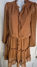 BTFBM Women S Rust Brown Swiss Dot Ruffle Tiered Dress Long Sleeve Cottagecore