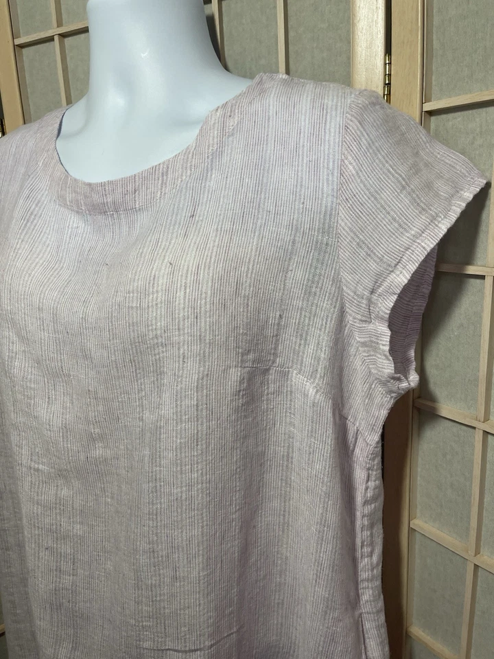 Vestido FLAX M Lino Rosa Lavanda Rayas Manga Corta Hasta la Rodilla Foto 2 de 4