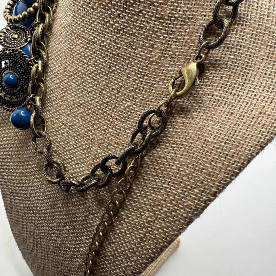 Premier Designs Bib Necklace Indigo Antique Finish Brass Blue Stones - Image 4 of 4