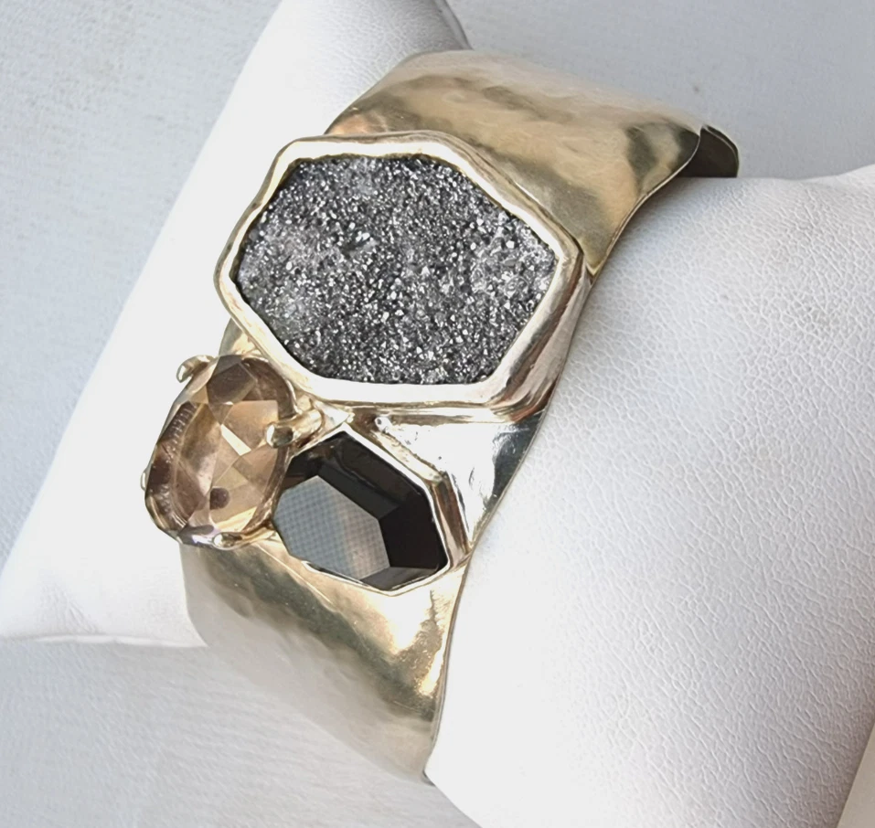 SILPADA 925 STERLING SILVER CRYSTAL CAVE DRUZY ONYX SMOKY TOPAZ CUFF BRACELET - Image 4 of 4