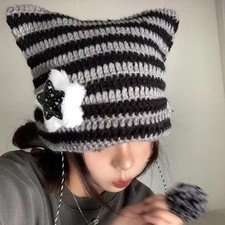 Women Knit Cat Ear Beanie Hat Striped Pom Pom Cap Winter Cute Soft Warm