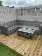 Grey Rattan/Wicker Corner Sofa Set 3-Piece w/ Cushions & Storage Glass Table