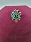 Vintage Zuni style Silver(?) Shadowbox Turquoise & Coral Ring-Sz 9-1/2 9grams tw