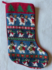 NEEDLEPOINT CHRISTMAS STOCKING. WOOL EMBROIDERY. Snowman, trees. 17" tall. EUC